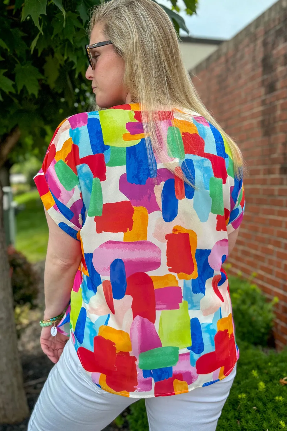 Colourful Brush Stroke Printed Plus Size Button Split Neck Blouse sold by Beagle Boutique product image thumbnail 2