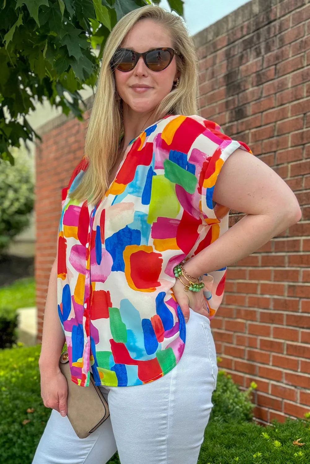 Colourful Brush Stroke Printed Plus Size Button Split Neck Blouse sold by Beagle Boutique product image thumbnail 3