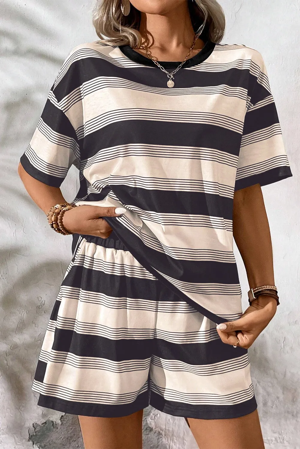 Black Stripe Short Sleeve T Shirt and High Waist Pocketed Shorts Set sold by Beagle Boutique product image thumbnail 4