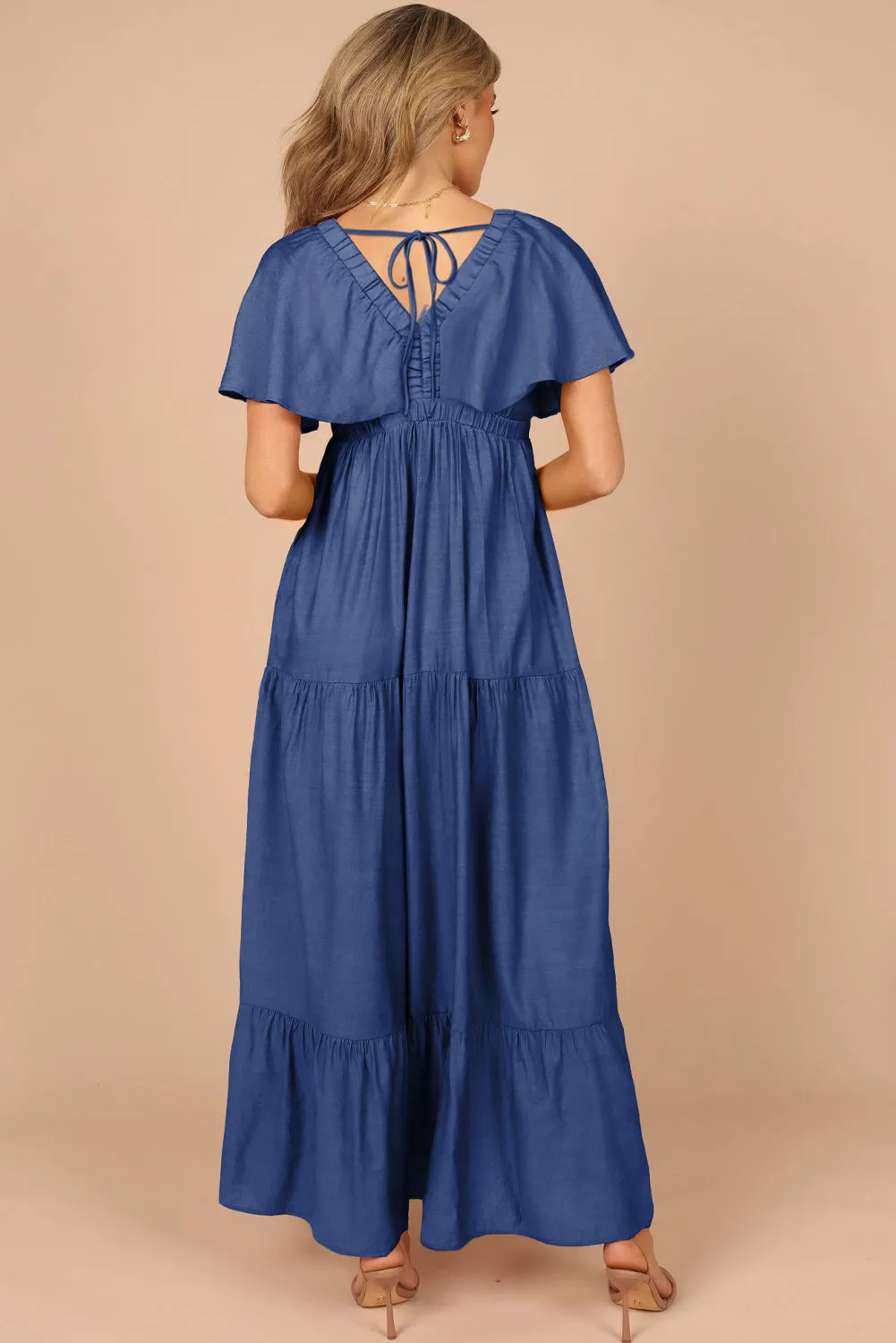 Navy Blue Textured V Neck Flutter Sleeve Ruffled Maxi Dress sold by Beagle Boutique product image thumbnail 2