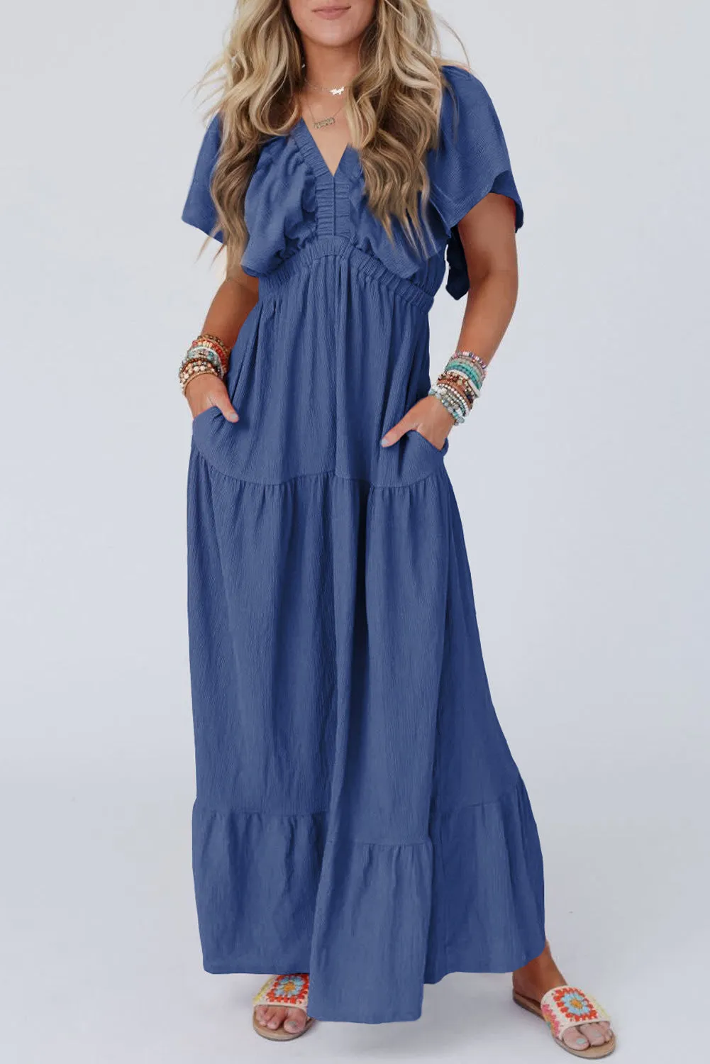 Navy Blue Textured V Neck Flutter Sleeve Ruffled Maxi Dress sold by Beagle Boutique