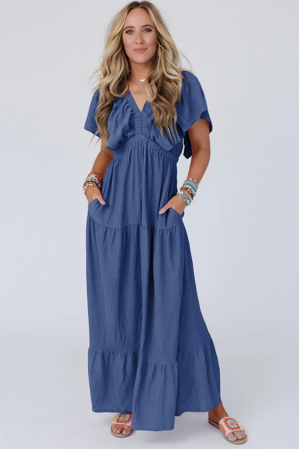 Navy Blue Textured V Neck Flutter Sleeve Ruffled Maxi Dress sold by Beagle Boutique product image thumbnail 3