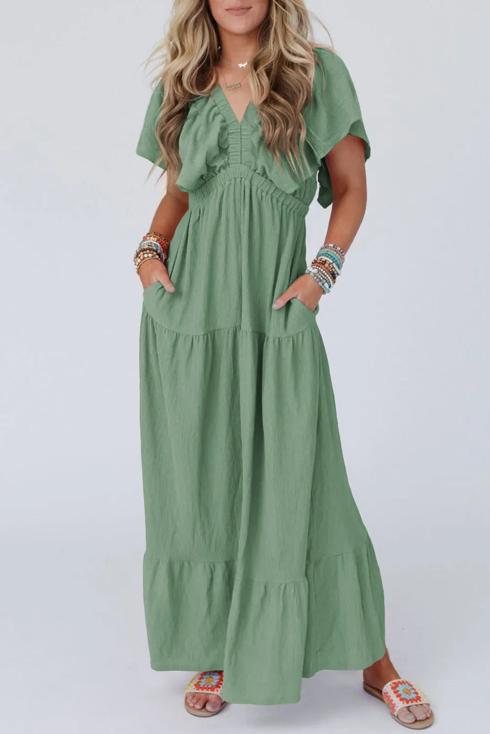 Navy Blue Textured V Neck Flutter Sleeve Ruffled Maxi Dress sold by Beagle Boutique product image thumbnail 4