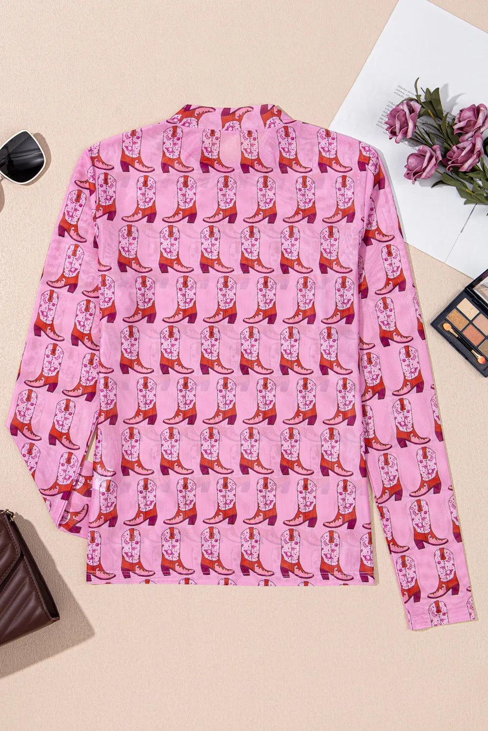 Pink Cowgirl Boots Printed Mock Neck Long Sleeve Mesh Top sold by Beagle Boutique product image thumbnail 5