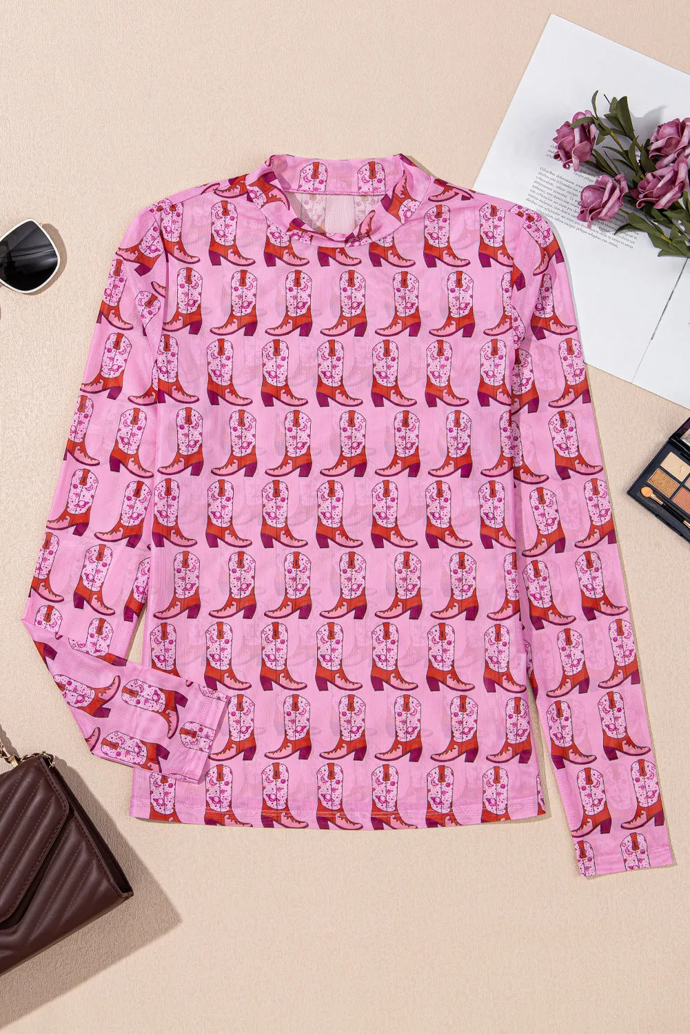 Pink Cowgirl Boots Printed Mock Neck Long Sleeve Mesh Top sold by Beagle Boutique product image thumbnail 4