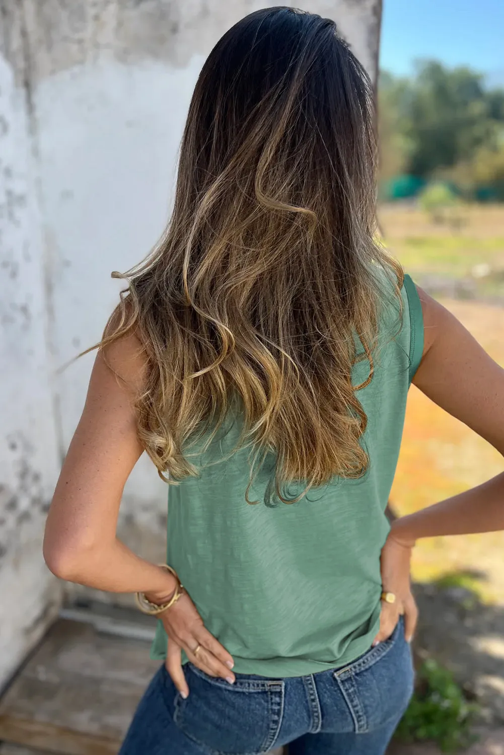 Mist Green Metallic Sheen Edge Scoop Neck Sleeveless Top sold by Beagle Boutique product image thumbnail 2