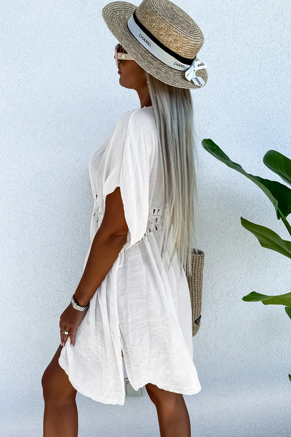 White Pom Pom Trim Drawstring Crochet Waist Beach Kimono sold by Beagle Boutique product image thumbnail 3