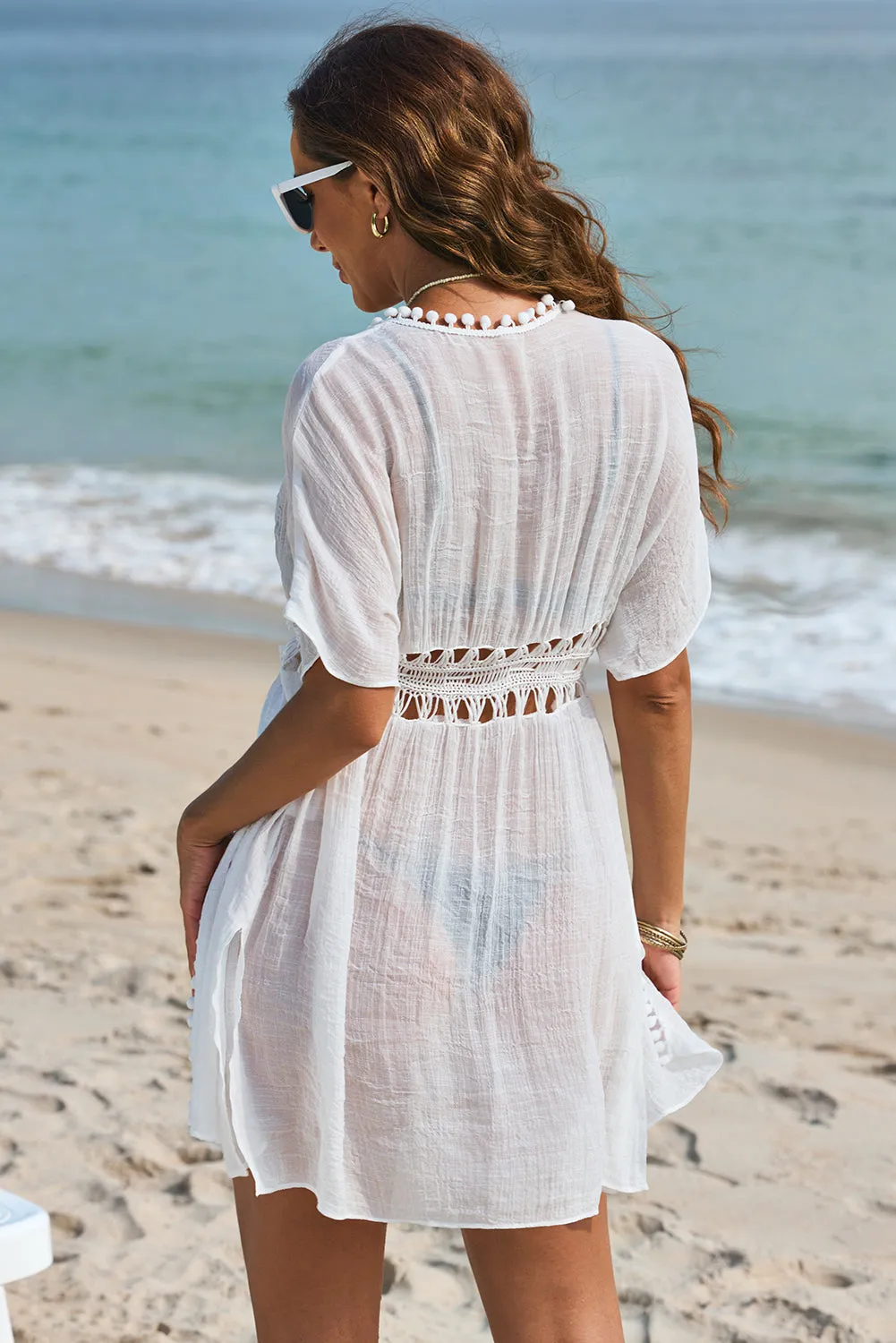 White Pom Pom Trim Drawstring Crochet Waist Beach Kimono sold by Beagle Boutique product image thumbnail 5