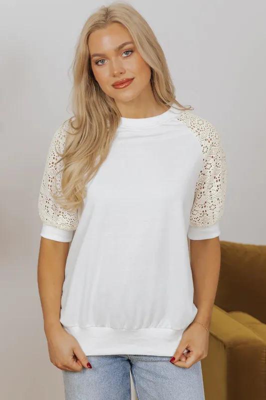 White Lace Crochet Short Sleeve Round Neck T Shirt sold by Beagle Boutique
