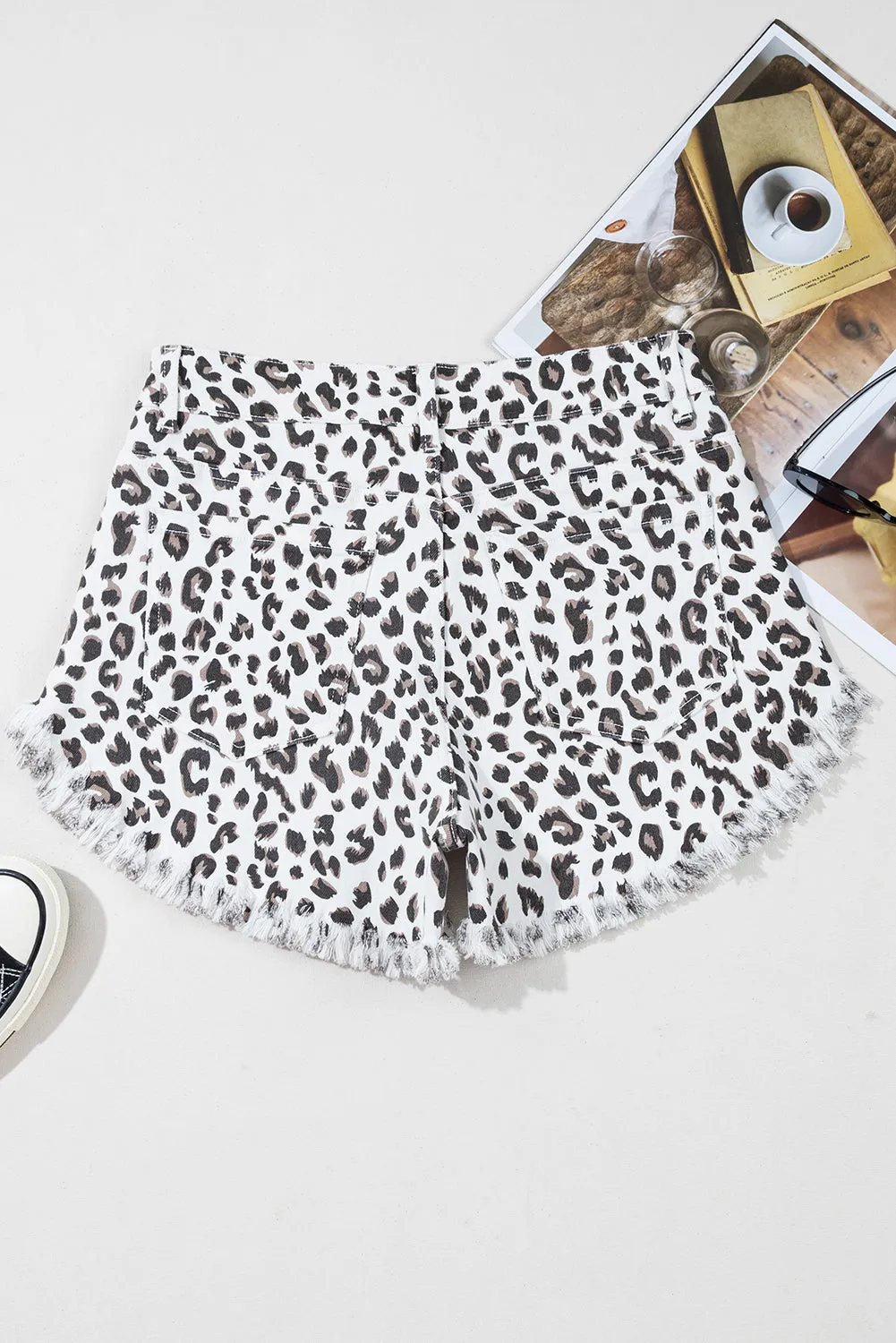 White Leopard Frayed Hem Denim Shorts sold by Beagle Boutique product image thumbnail 4