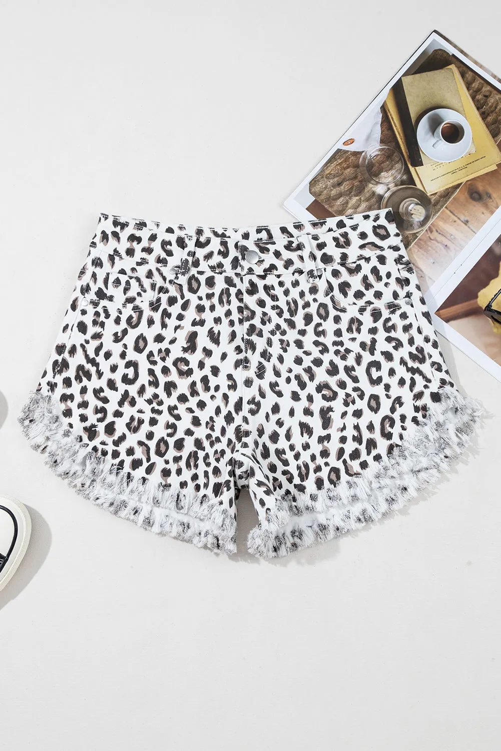 White Leopard Frayed Hem Denim Shorts sold by Beagle Boutique product image thumbnail 3