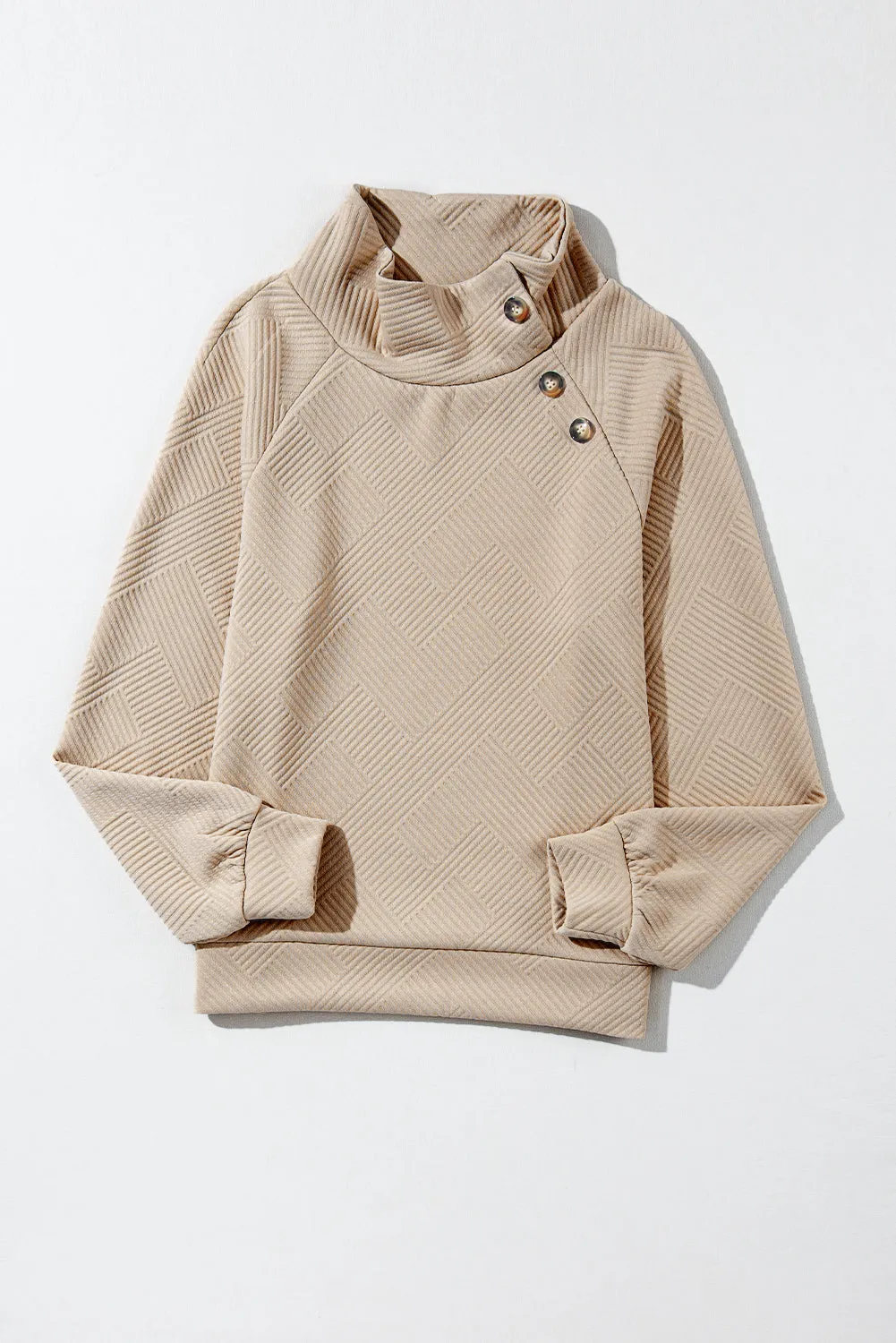 Asymmetric Buttons Detail High Neck Textured Sweatshirt sold by Beagle Boutique product image thumbnail 4