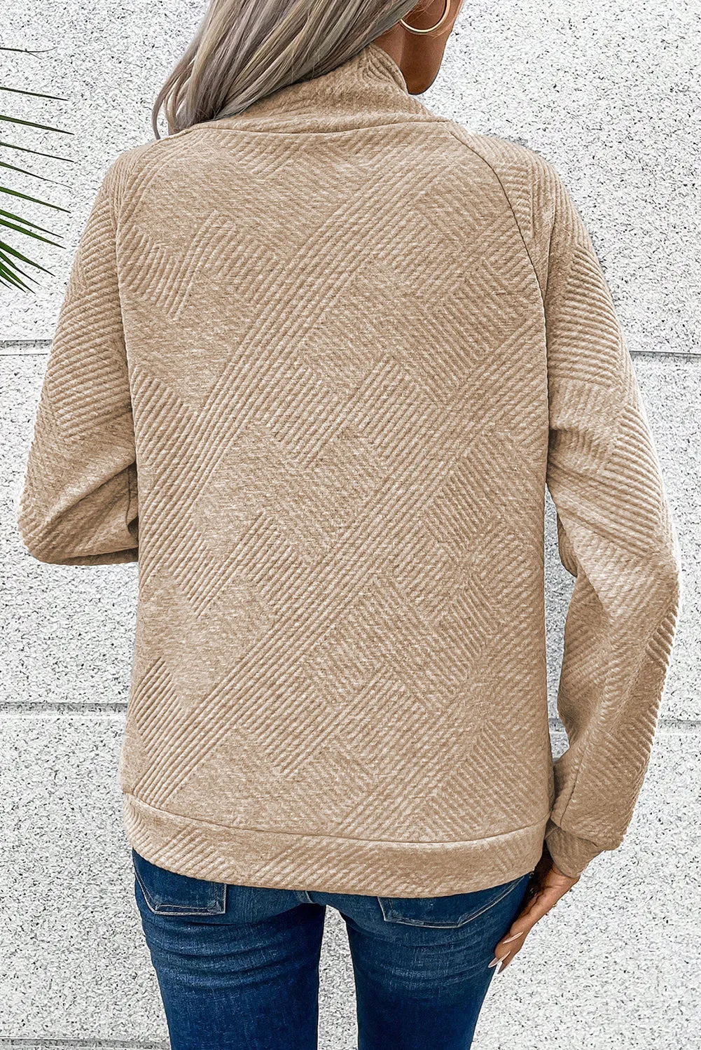 Asymmetric Buttons Detail High Neck Textured Sweatshirt sold by Beagle Boutique product image thumbnail 2