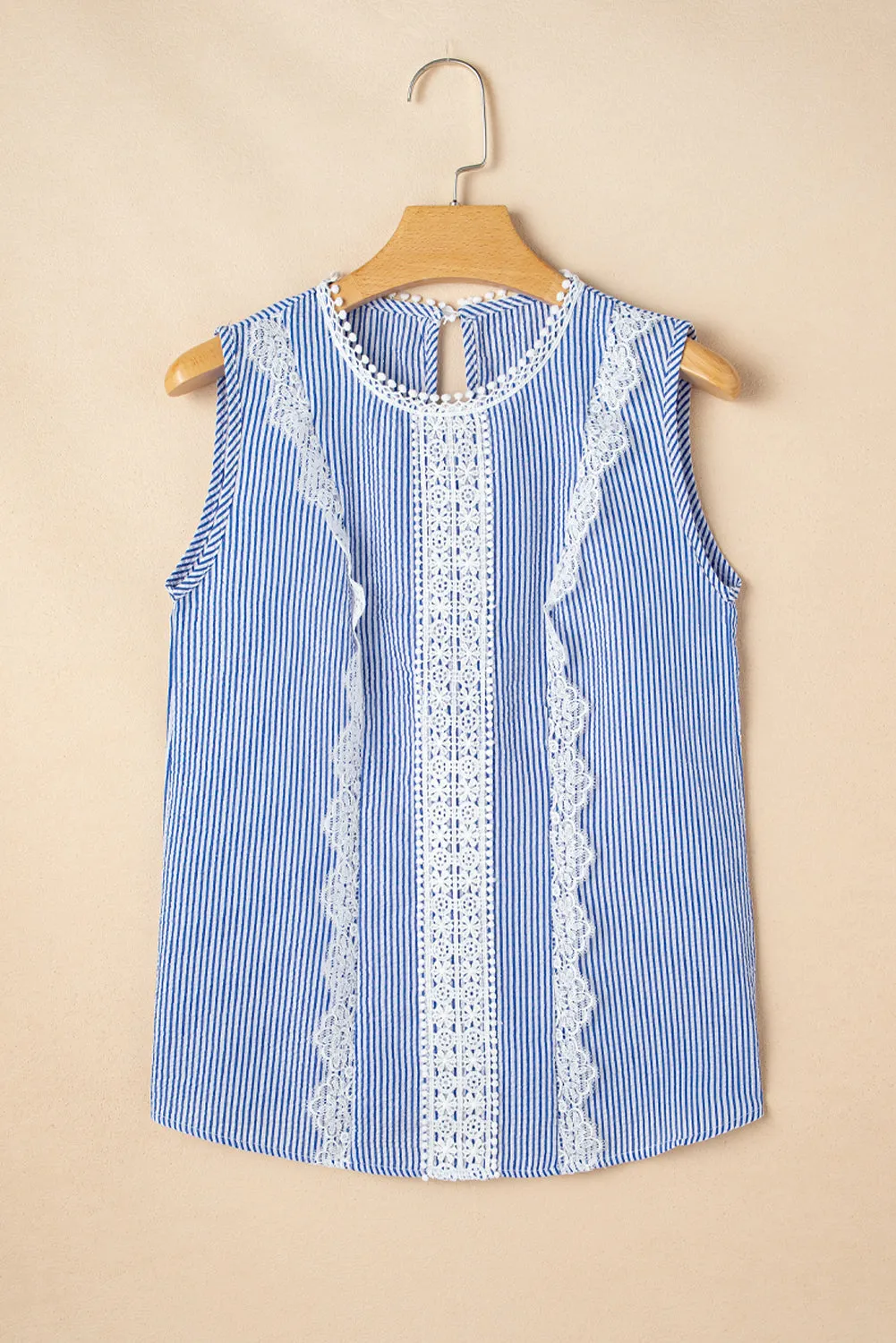 Sky Blue Stripe Lace Patchwork Crew Neck Tank Top sold by Beagle Boutique product image thumbnail 4