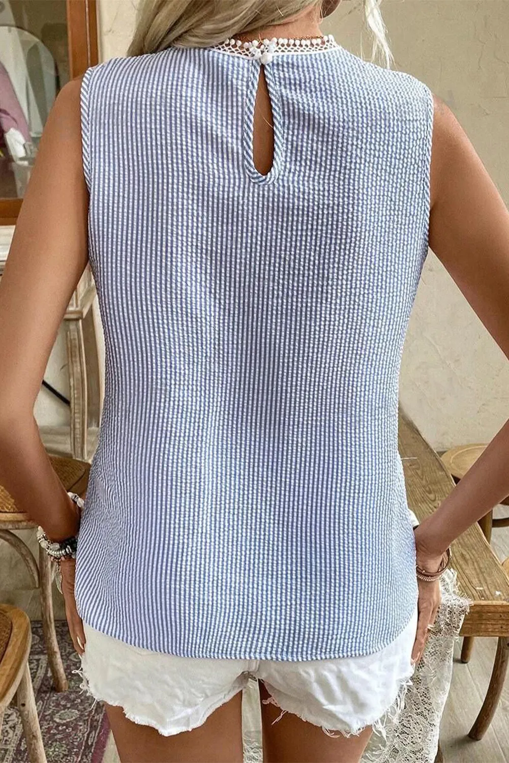 Sky Blue Stripe Lace Patchwork Crew Neck Tank Top sold by Beagle Boutique product image thumbnail 2