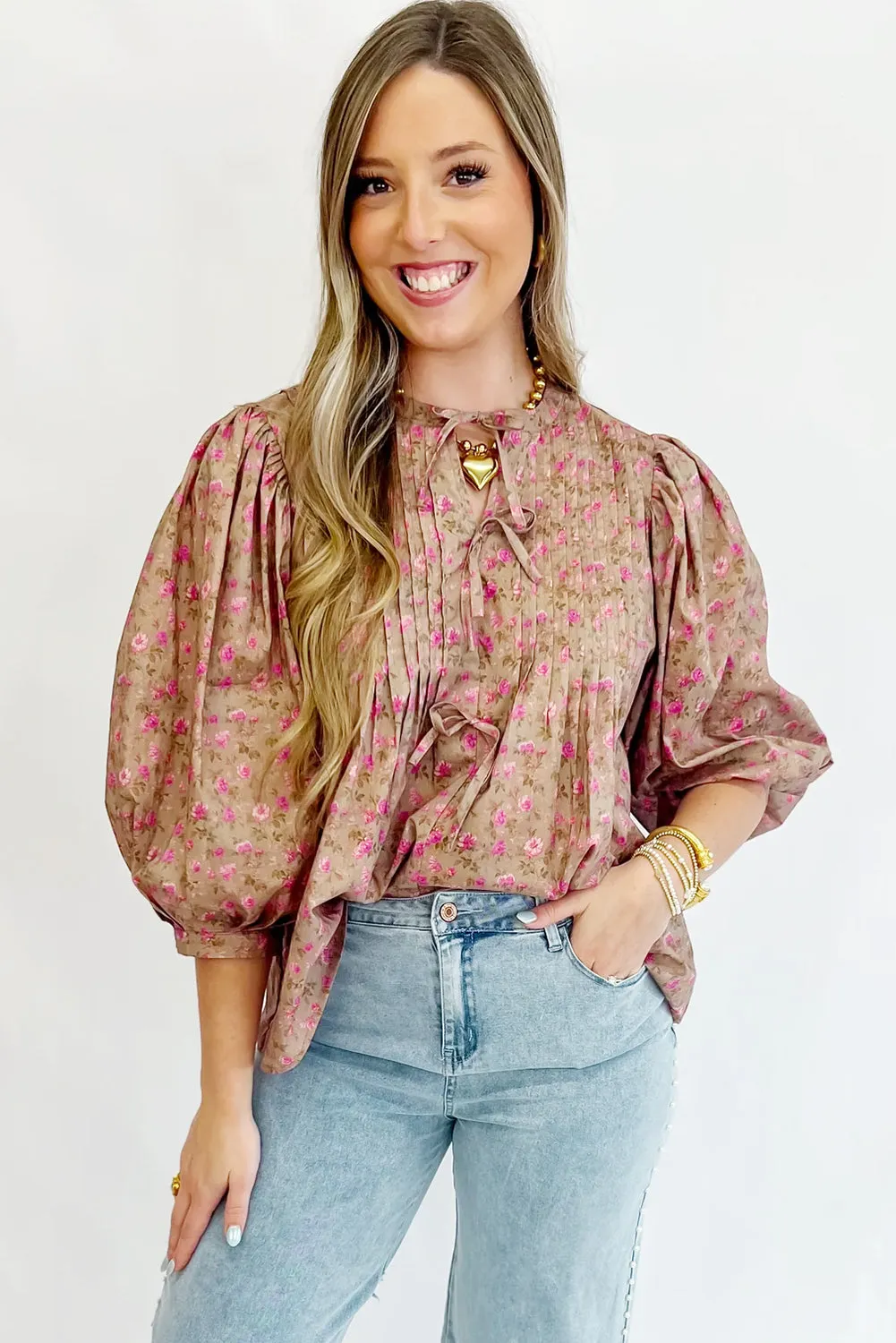 Floral Print Bow Pintuck Bust Half Puff Sleeve Blouse sold by Beagle Boutique product image thumbnail 3