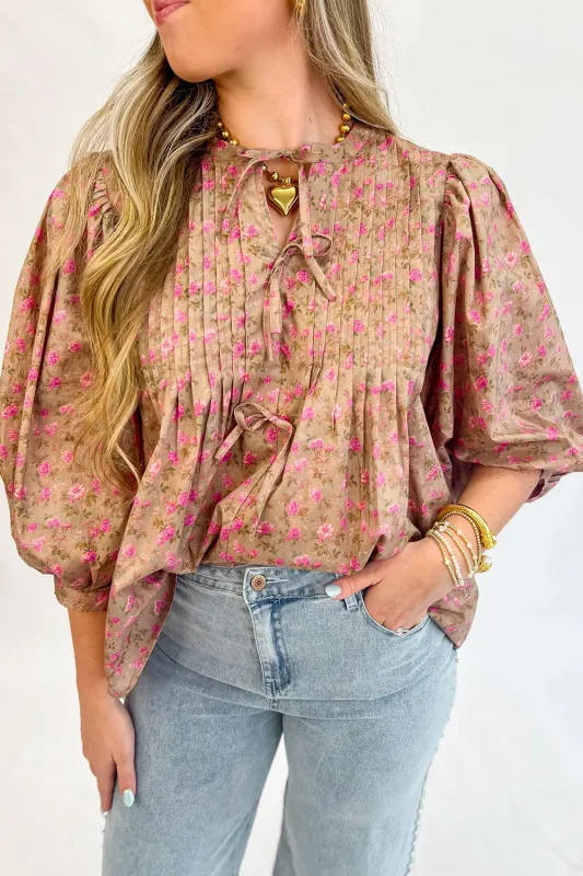 Floral Print Bow Pintuck Bust Half Puff Sleeve Blouse sold by Beagle Boutique