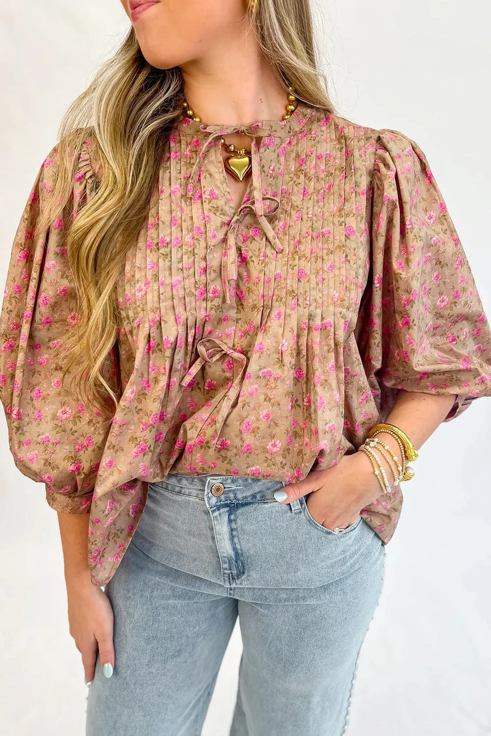 Floral Print Bow Pintuck Bust Half Puff Sleeve Blouse sold by Beagle Boutique