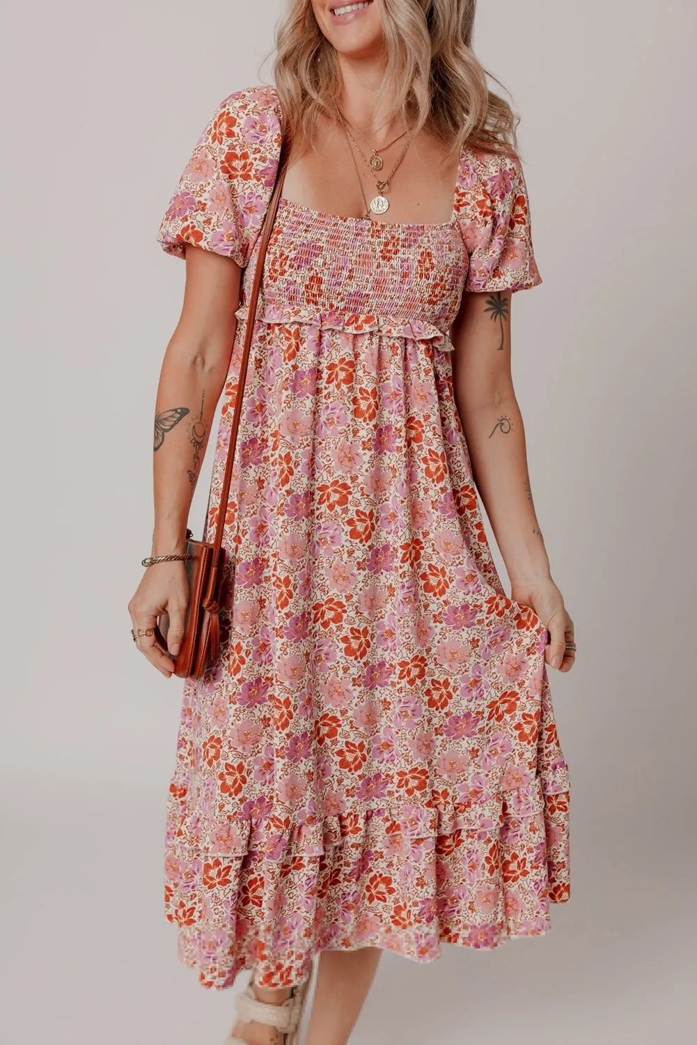 Floral Square Neck Knot Ruffle Midi Dress sold by Beagle Boutique