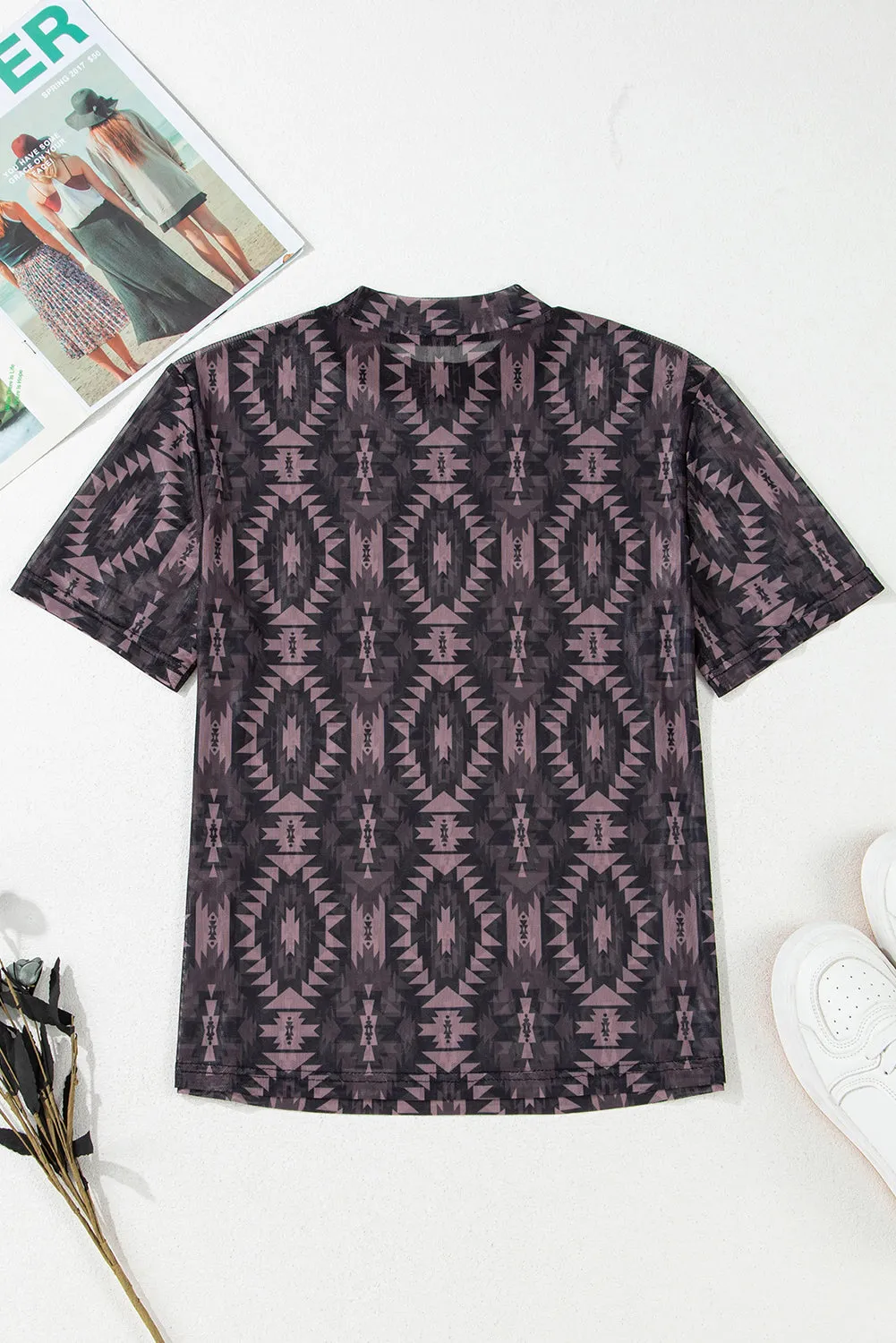 Aztec Print Mock Neck Short Sleeve Mesh T Shirt sold by Beagle Boutique product image thumbnail 5