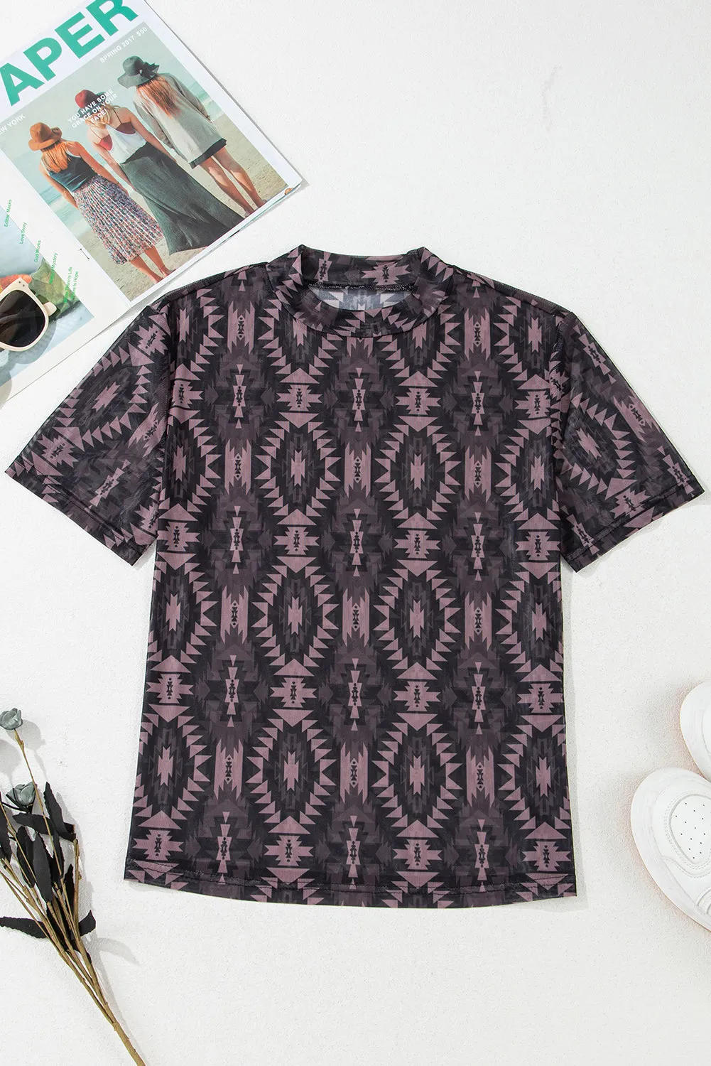 Aztec Print Mock Neck Short Sleeve Mesh T Shirt sold by Beagle Boutique product image thumbnail 4