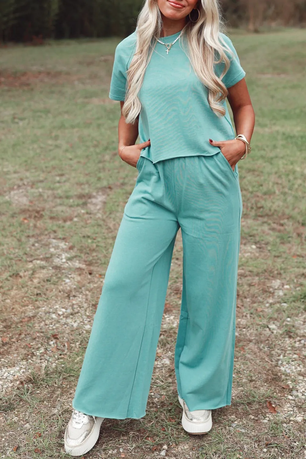 Raglan Short Sleeve Tee and Wide Leg Trouser Set sold by Beagle Boutique