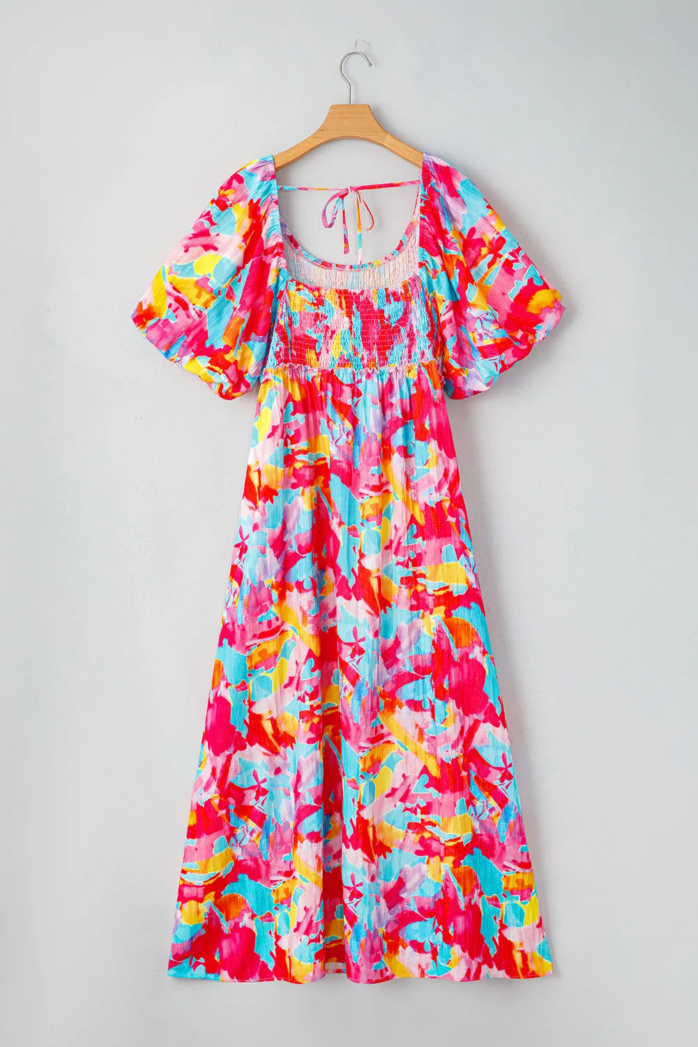 Abstract Print Puff Sleeve Square Neck Smocked Bust Tied Back Dress sold by Beagle Boutique product image thumbnail 5