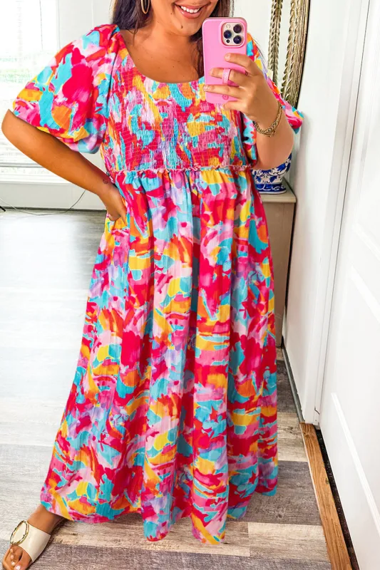 Abstract Print Puff Sleeve Square Neck Smocked Bust Tied Back Dress sold by Beagle Boutique