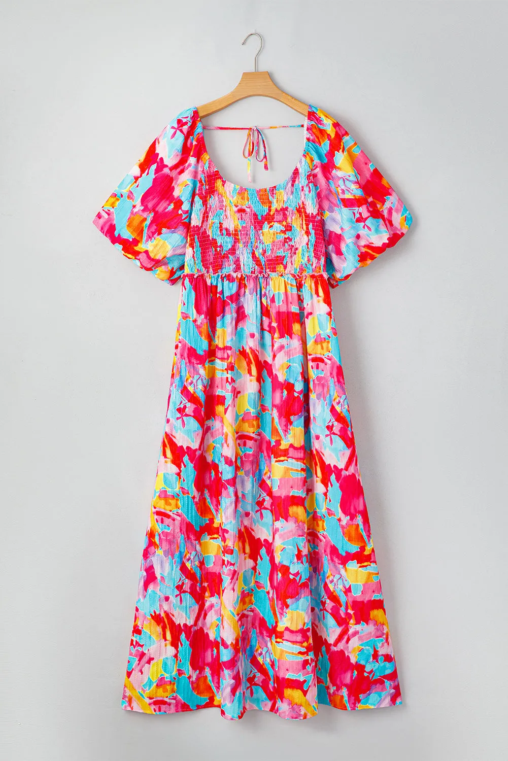 Abstract Print Puff Sleeve Square Neck Smocked Bust Tied Back Dress sold by Beagle Boutique product image thumbnail 4
