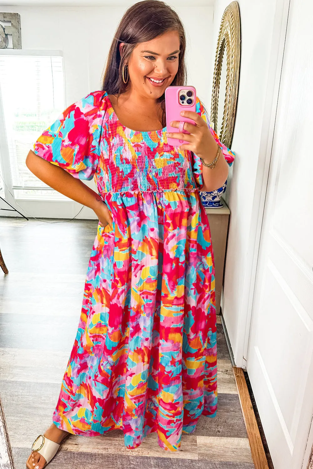 Abstract Print Puff Sleeve Square Neck Smocked Bust Tied Back Dress sold by Beagle Boutique product image thumbnail 3