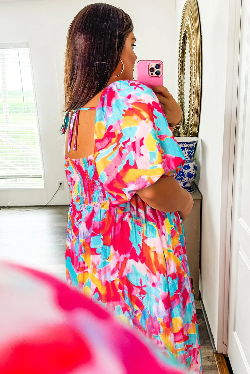 Abstract Print Puff Sleeve Square Neck Smocked Bust Tied Back Dress sold by Beagle Boutique product image thumbnail 2