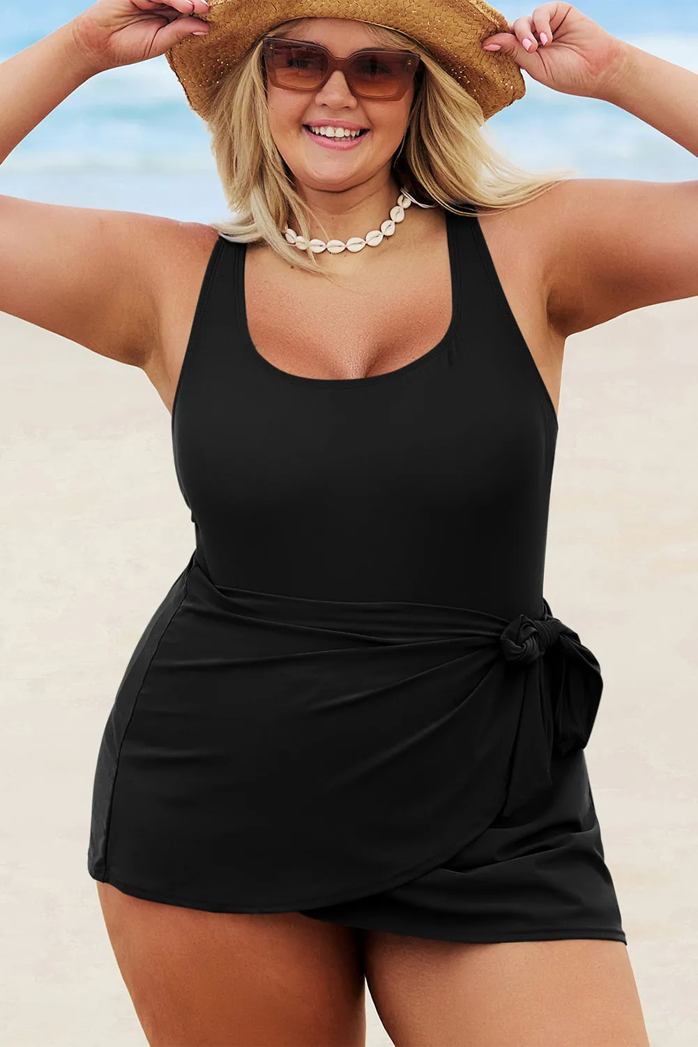 Black Square Neck Knot Plus Size One Piece Swimsuit sold by Beagle Boutique