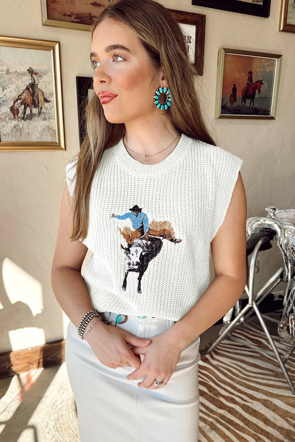 Western Cowboy Embroidery Round Neck Sleeveless Sweater sold by Beagle Boutique product image thumbnail 3