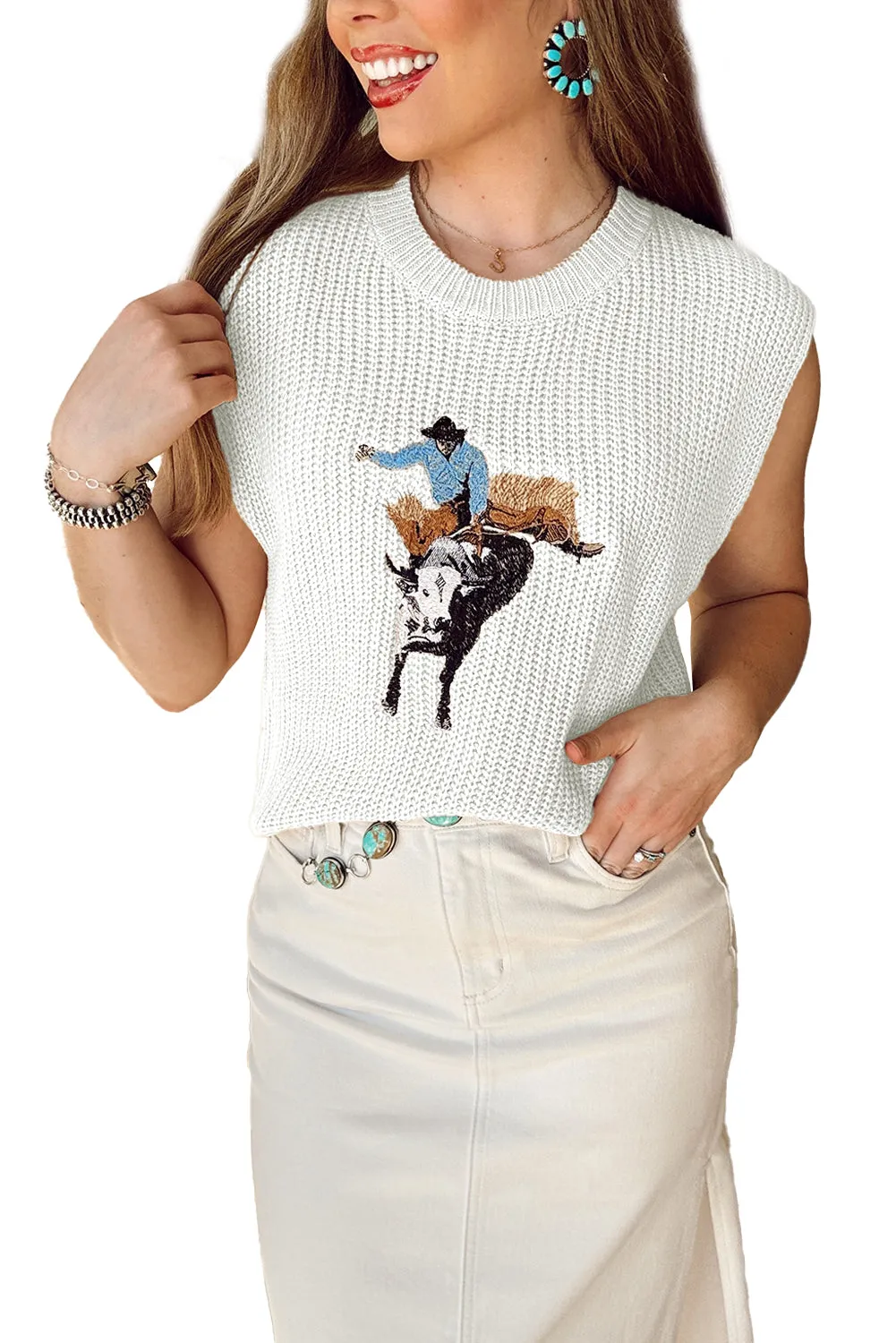 Western Cowboy Embroidery Round Neck Sleeveless Sweater sold by Beagle Boutique product image thumbnail 5