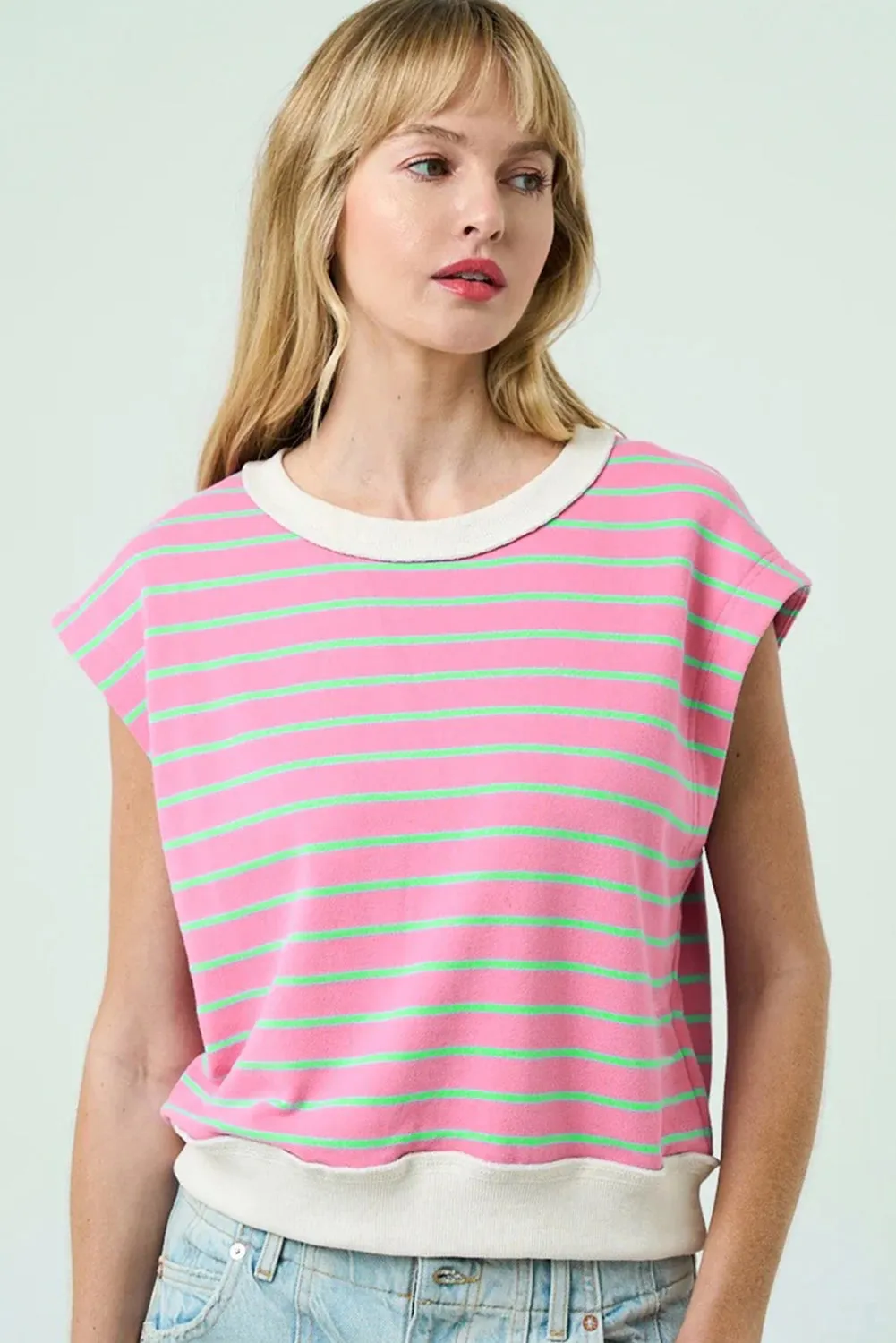 Pink Striped Crew Neck Cap Sleeve T Shirt sold by Beagle Boutique product image thumbnail 2