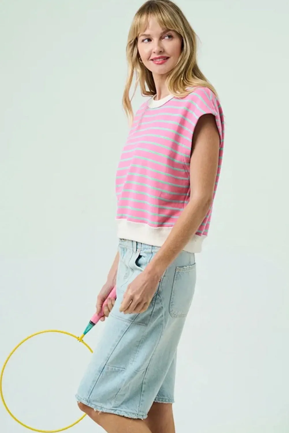 Pink Striped Crew Neck Cap Sleeve T Shirt sold by Beagle Boutique product image thumbnail 3