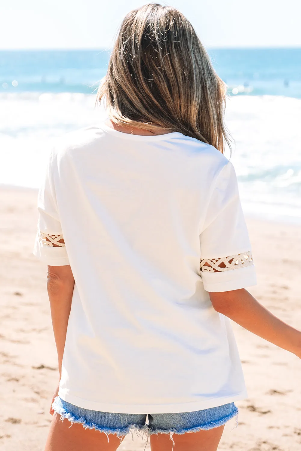 White Lace Crochet Crew Neck Casual T Shirt sold by Beagle Boutique product image thumbnail 2