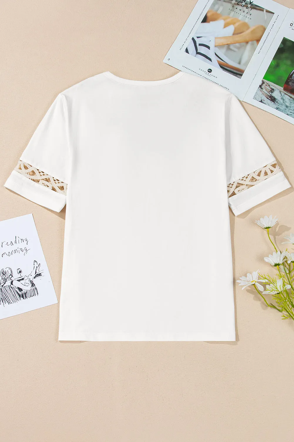 White Lace Crochet Crew Neck Casual T Shirt sold by Beagle Boutique product image thumbnail 5