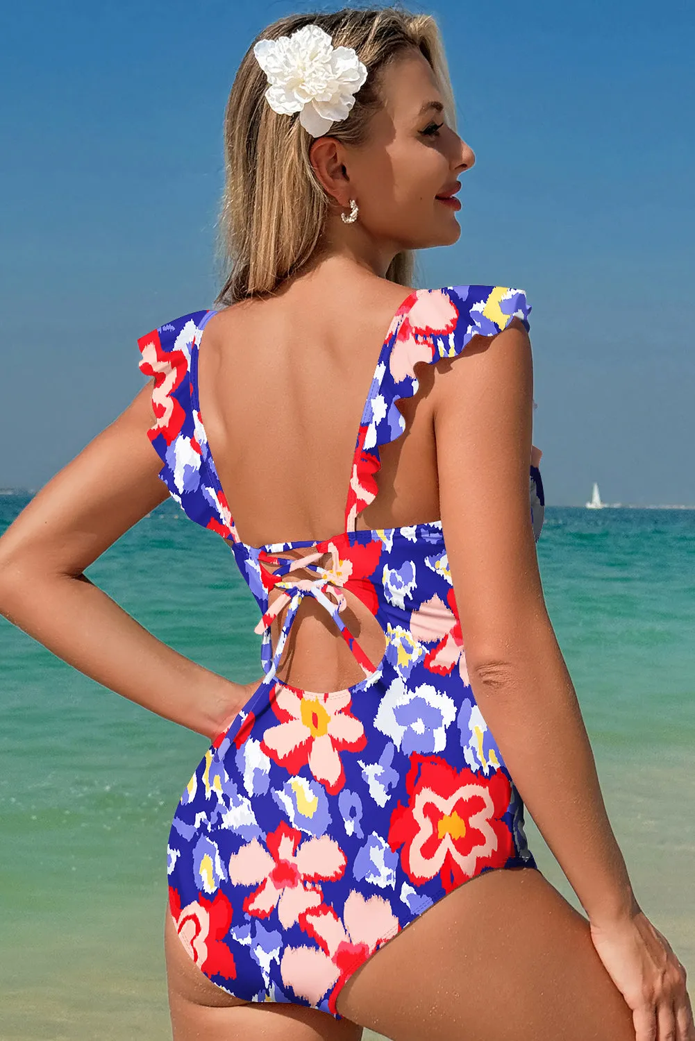Blue Floral Ruffle Trim V Neck Lace-up Back Tummy Control One Piece Swimsuit sold by Beagle Boutique product image thumbnail 2