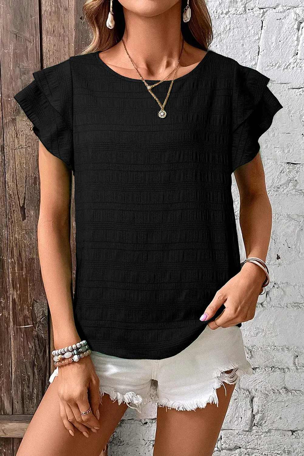 Black Textured Ruffled Sleeve Round Neck Top sold by Beagle Boutique product image thumbnail 3
