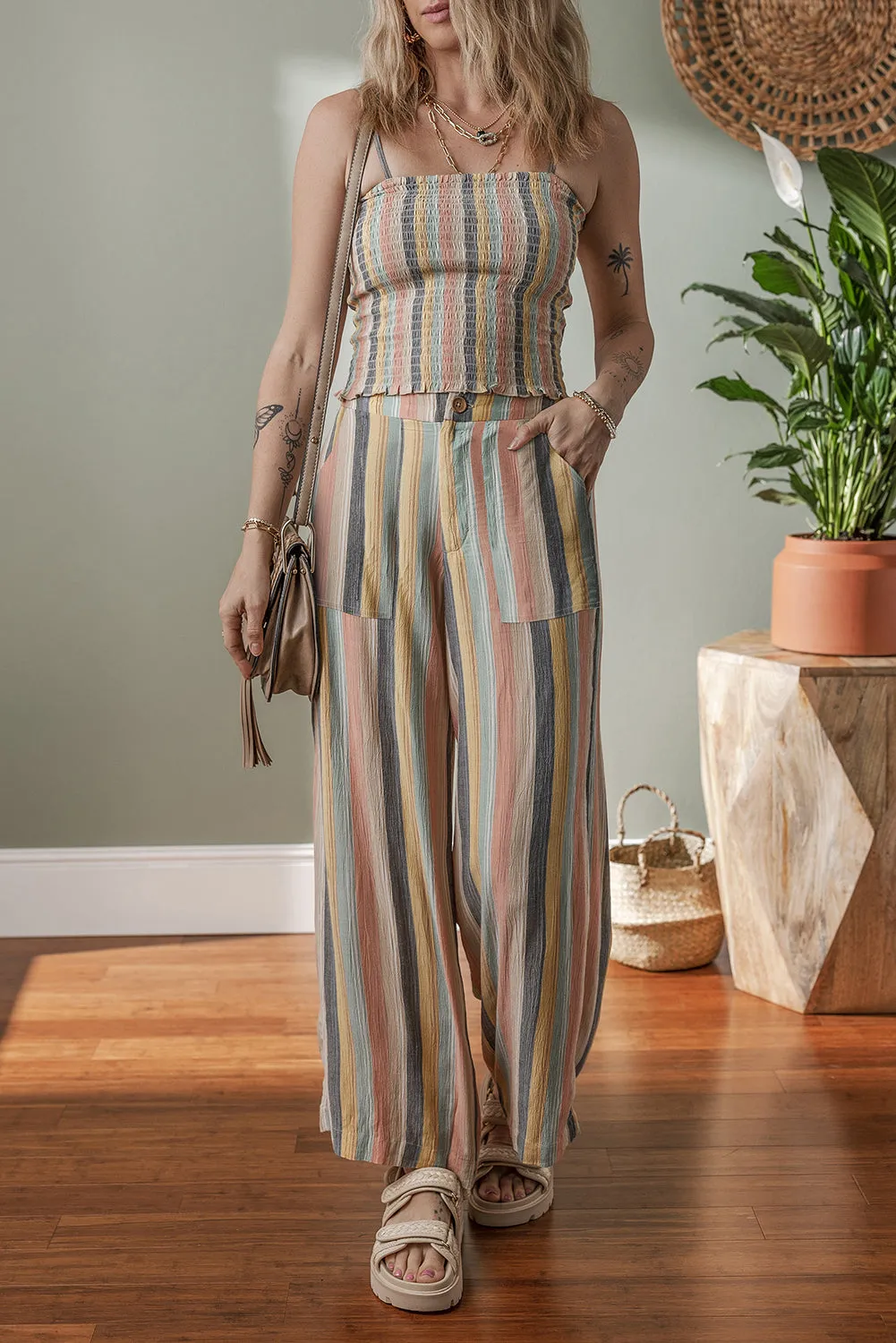 Multicolour Vertical Striped Smocked Cami Top Wide Leg Trousers Set Co-ord sold by Beagle Boutique product image thumbnail 4