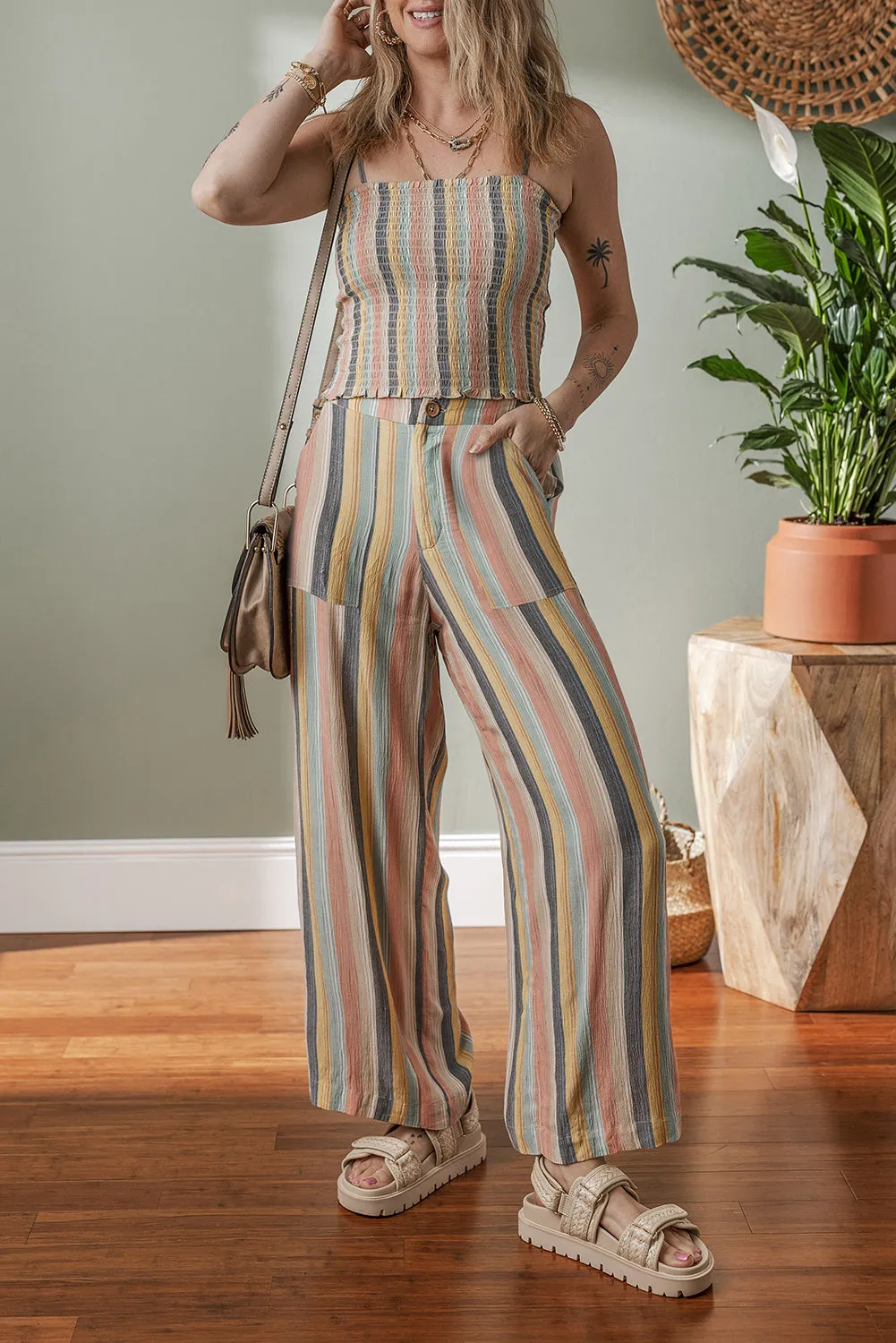 Multicolour Vertical Striped Smocked Cami Top Wide Leg Trousers Set Co-ord sold by Beagle Boutique