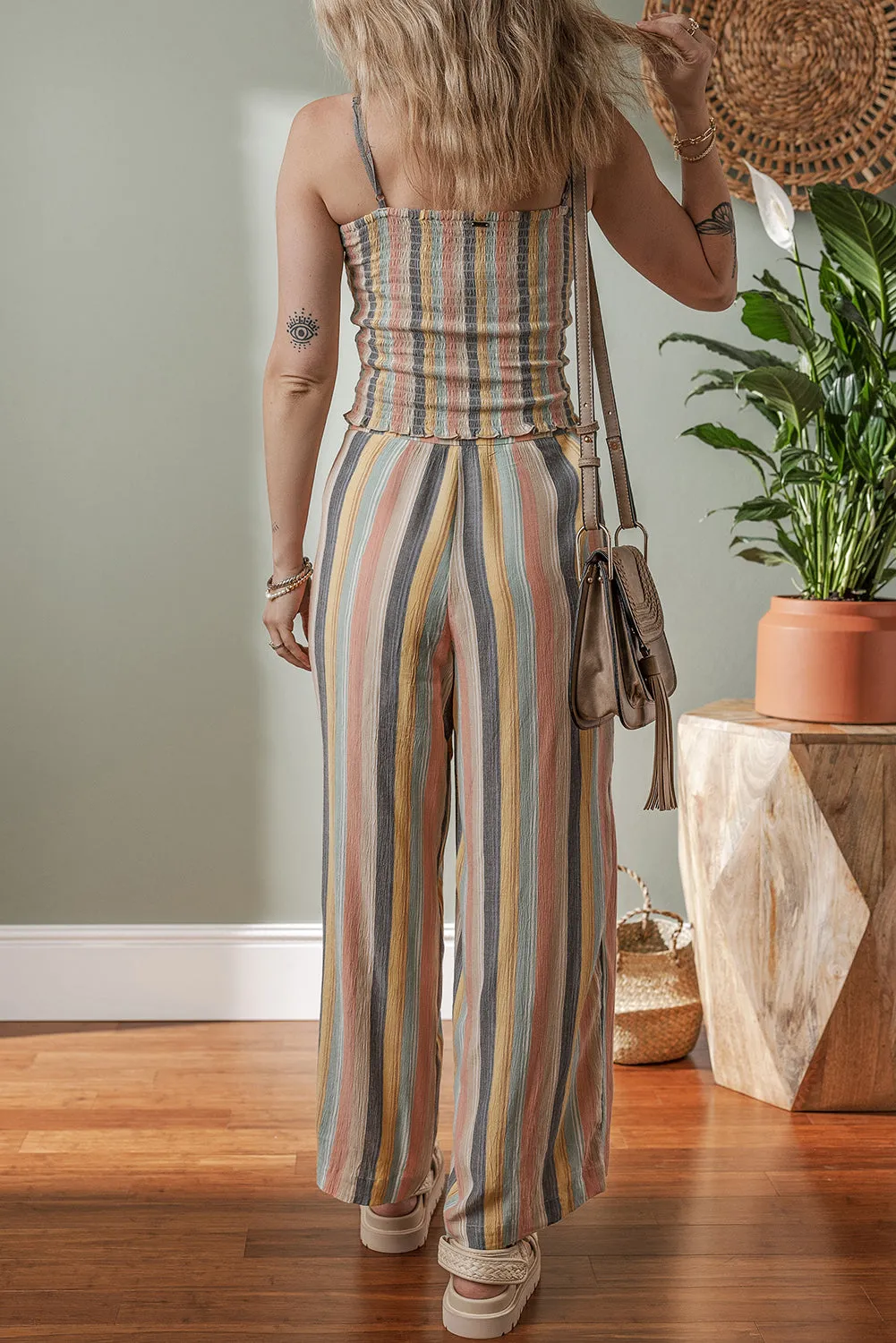 Multicolour Vertical Striped Smocked Cami Top Wide Leg Trousers Set Co-ord sold by Beagle Boutique product image thumbnail 2