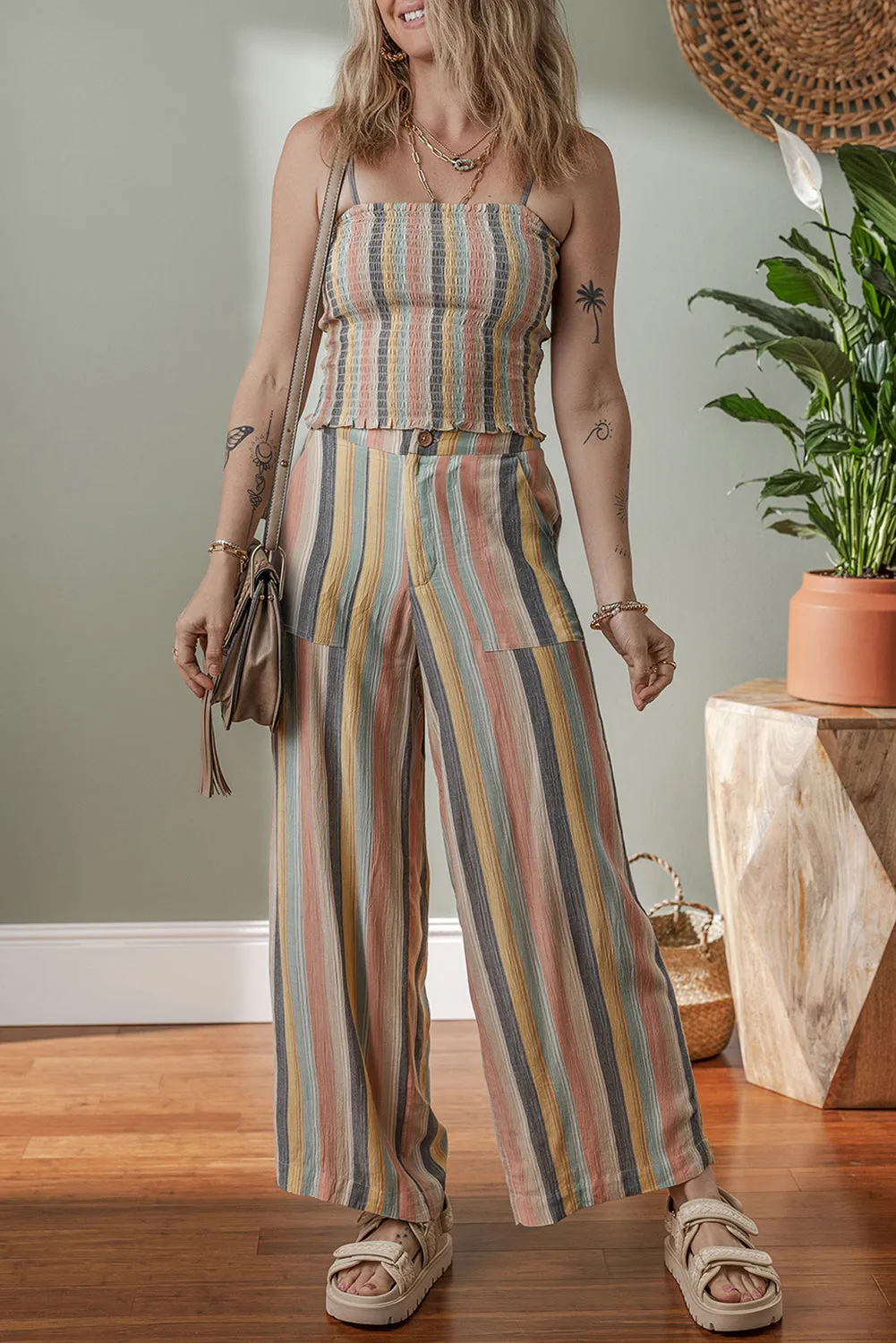 Multicolour Vertical Striped Smocked Cami Top Wide Leg Trousers Set Co-ord sold by Beagle Boutique product image thumbnail 3