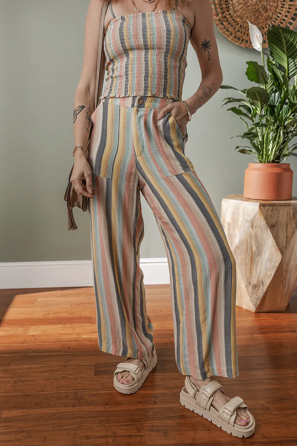 Multicolour Vertical Striped Smocked Cami Top Wide Leg Trousers Set Co-ord sold by Beagle Boutique product image thumbnail 5