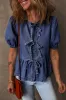 Sail Blue Tie Front Bubble Sleeve Peplum Denim Shirt sold by Beagle Boutique
