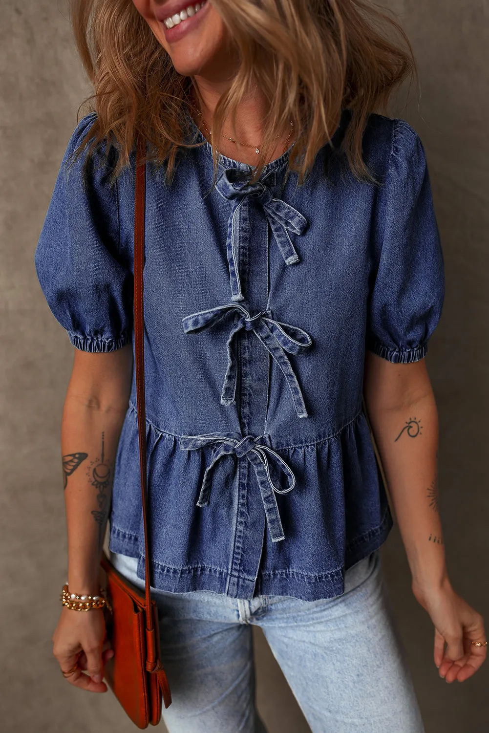 Sail Blue Tie Front Bubble Sleeve Peplum Denim Shirt sold by Beagle Boutique