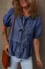 Sail Blue Tie Front Bubble Sleeve Peplum Denim Shirt sold by Beagle Boutique
