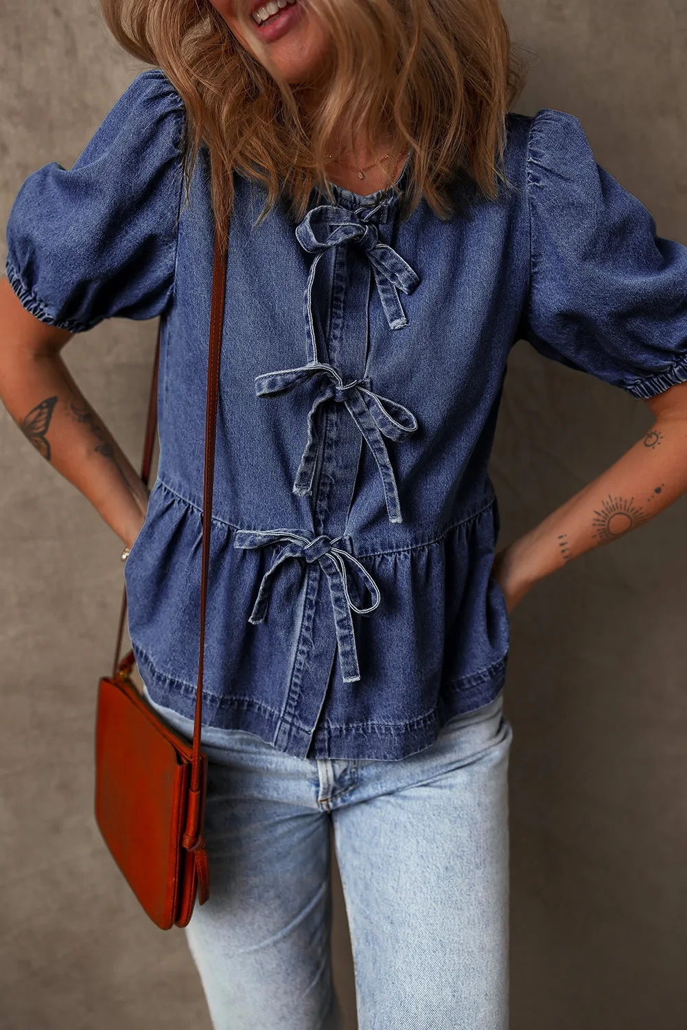 Sail Blue Tie Front Bubble Sleeve Peplum Denim Shirt sold by Beagle Boutique product image thumbnail 4