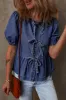 Sail Blue Tie Front Bubble Sleeve Peplum Denim Shirt sold by Beagle Boutique